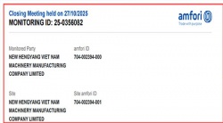 祝贺越南NEW HENGYANG VIET NAM MACHINERY MANUFACTURING COMPANY LIMITED2025年快速通过SGS-BSCI验厂